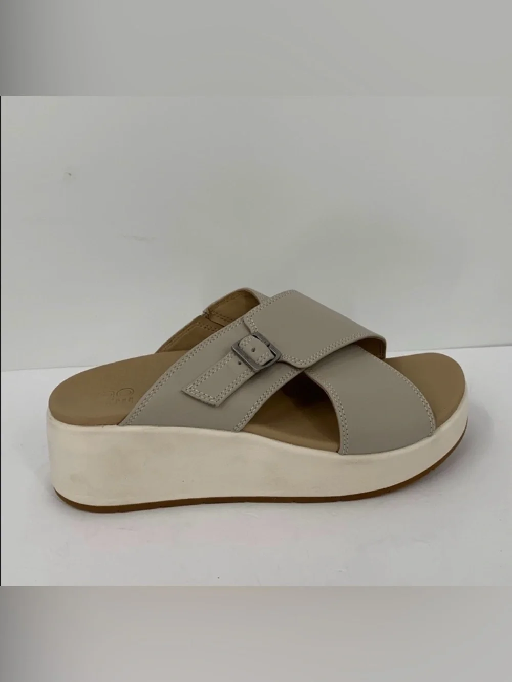 ABEO Solstice Cross wedge flatform slide sandal shoe beige leather tan brown 6.5